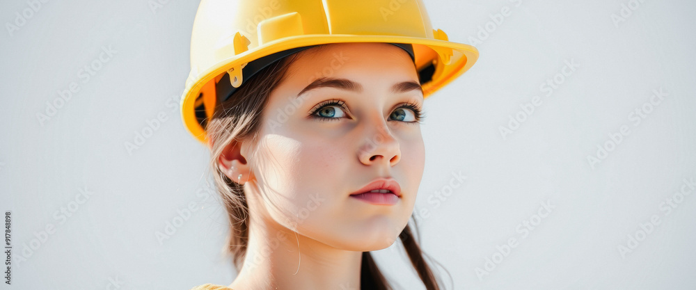 Close-up portrait of a young woman wearing a yellow hard hat Close-up portrait of a young woman wearing a yellow hard hat
