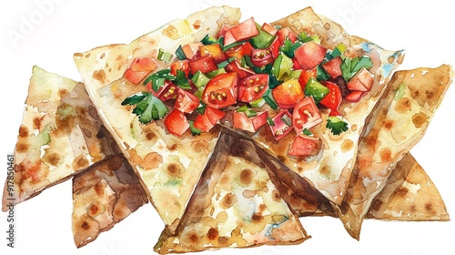 Whole grain pita chips with salsa,Clipart, watercolor illustration, Perfect for nursery art The style is hand  drawn, white background photo