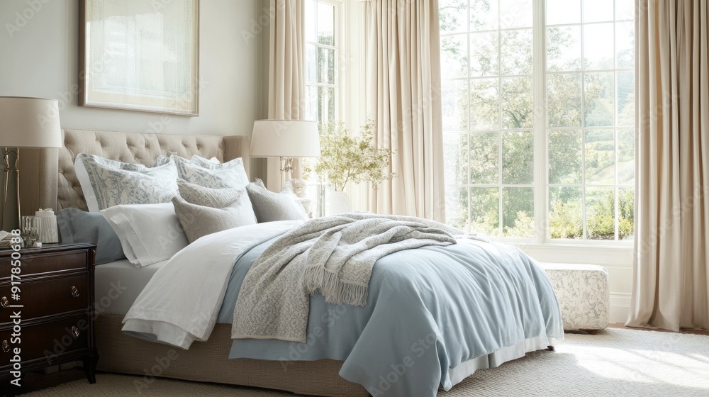 A Luxurious Bedroom with a King-Sized Bed and White Curtains A Luxurious Bedroom with a King-Sized Bed and White Curtains