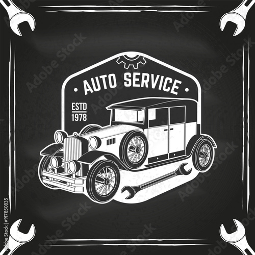 Auto service logo, emblems, badges, sticker on the chalkboard. Vector. Service car repair, restoration and car club design elements