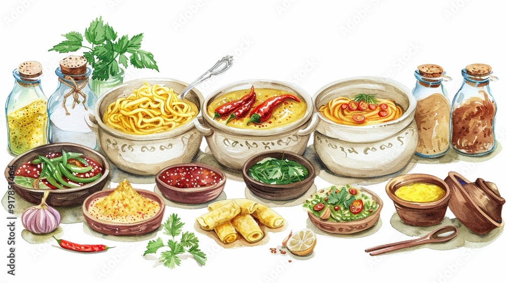Ka Nom Jeen (Thai fermented rice noodles) with various curries and condiments,Clipart, watercolor illustration, Perfect for nursery art The style is hand drawn, white background Ka Nom Jeen (Thai fermented rice noodles) with various curries and condiments,Clipart, watercolor illustration, Perfect for nursery art The style is hand drawn, white background