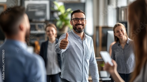 A CEO or Business manager giving a thumbs up, Congratulation concept with employee in a modern office, Happy teamwork members around, emphasizing positive feedback and encouragement.