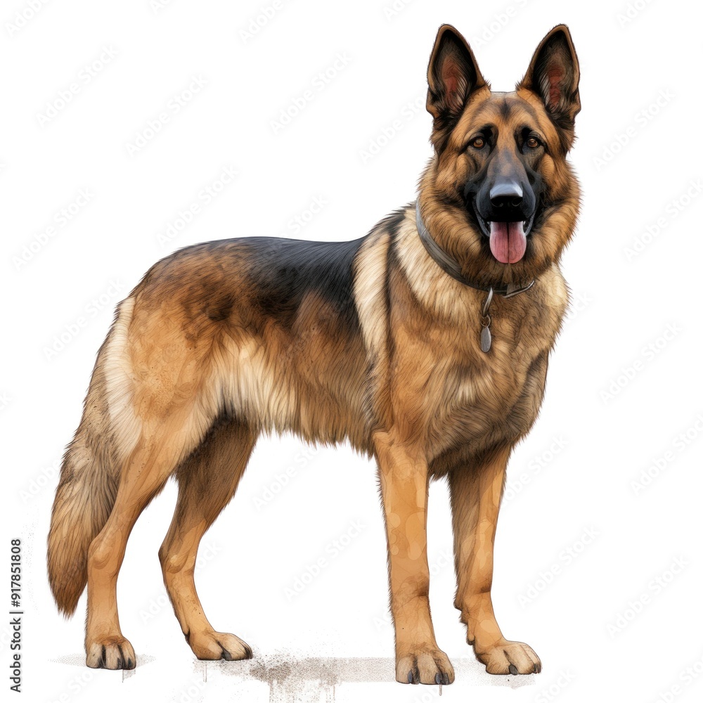 German Shepherd Illustration â€“ Full Body Portrait of Alert and Obedient Dog Standing on White Background
