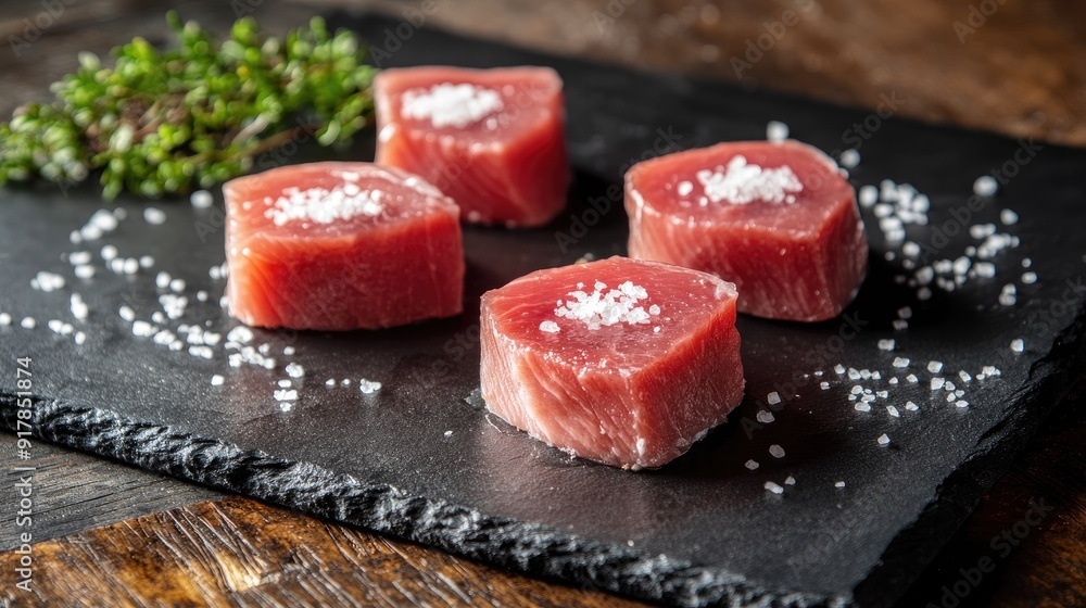 Tuna steaks displayed on a slate board, with a sprinkle of sea salt highlighting the freshness. Tuna steaks displayed on a slate board, with a sprinkle of sea salt highlighting the freshness.