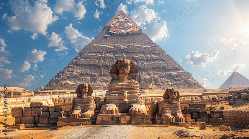 A view of the Great Sphinx and the Pyramids of Giza in Egypt.