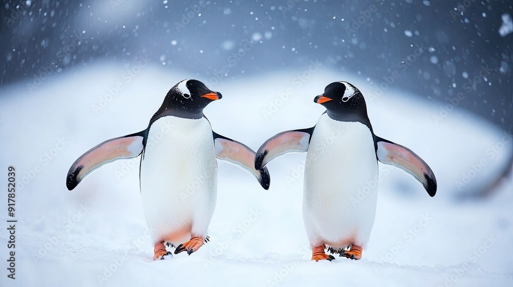 Obraz premium Two penguins side by side, their flippers almost touching, as they navigate a snowy wilderness.