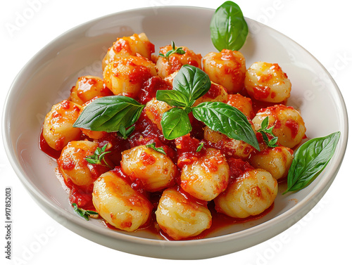 Delicious gnocchi served with rich tomato sauce and fresh basil, perfect for a delightful Italian meal. photo