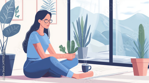 The photo illustration of a woman comfortable and relax at home with coffee on the warm environment background Free Download The photo illustration of a woman comfortable and relax at home with coffee on the warm environment background - GFXLoad