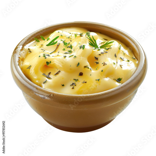 A creamy bowl of rich butter, garnished with fresh herbs, perfect for enhancing your culinary creations.