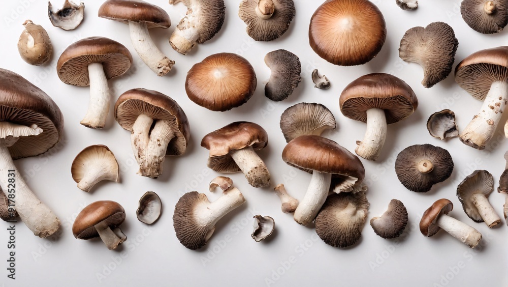Assorted organic mushrooms such as shiitake oyster and portobello on white background with ample copy space Fresh fungi concept Assorted organic mushrooms such as shiitake oyster and portobello on white background with ample copy space Fresh fungi concept