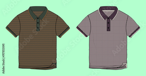 Boys and men's micro pattern short sleeve polo flat sketch outline vector fashion illustration template.