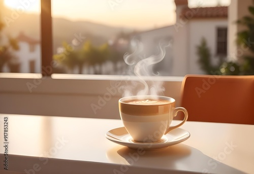 Two cups of coffee sit on a table with a coffee cup in front of them