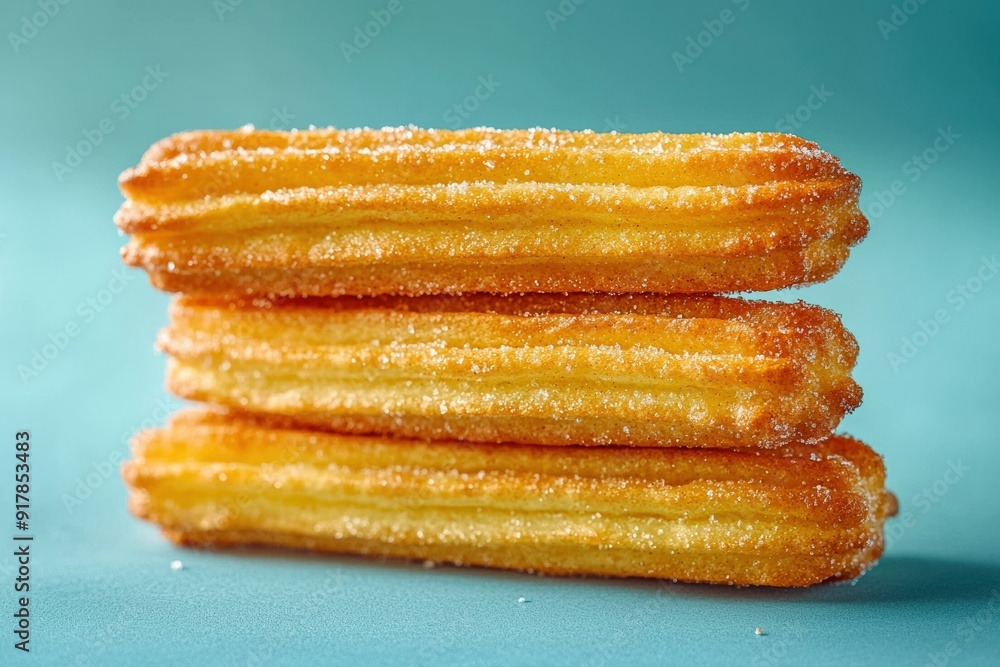 Stack of churros with sugar on blue cyan background Stack of churros with sugar on blue cyan background
