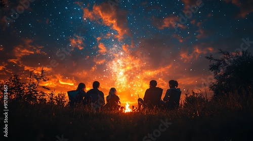 A group of friends silhouetted against a stunning sunset and starry sky, enjoying a serene evening in nature.