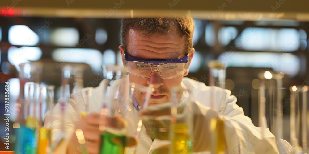 A scientist mixing liquids in laboratory test tubes, with safety goggles and lab equipment in the background, illustrating hands-on scientific experimentation A scientist mixing liquids in laboratory test tubes, with safety goggles and lab equipment in the background, illustrating hands-on scientific experimentation