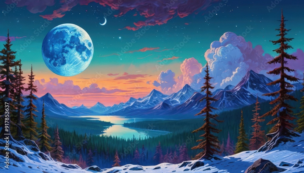 Fototapeta premium Blue Moon Over Snowy Mountain Landscape.