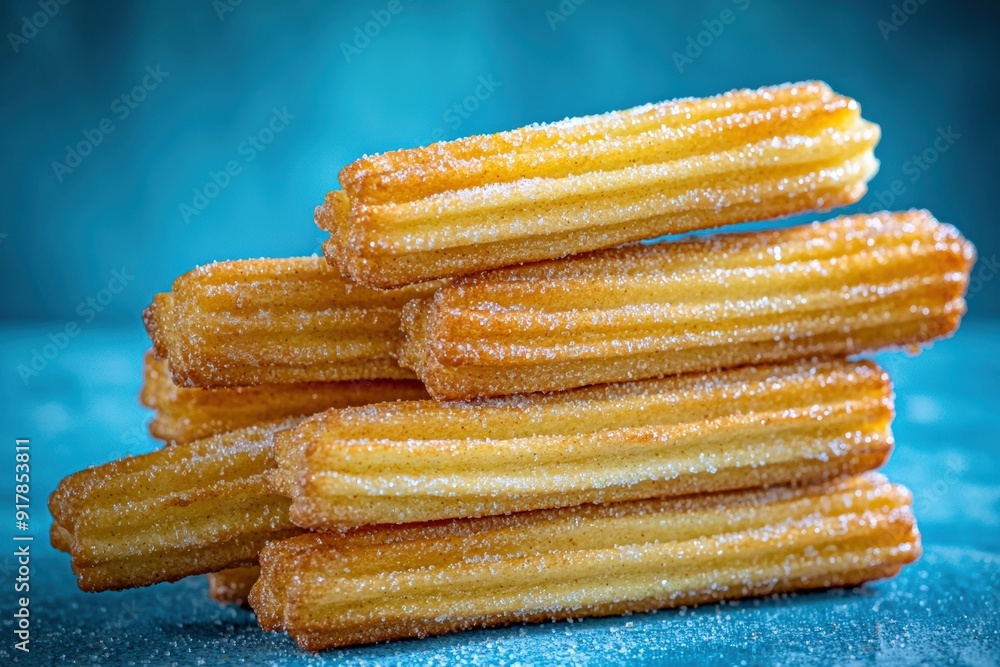 Stack of churros with sugar on blue cyan background Stack of churros with sugar on blue cyan background
