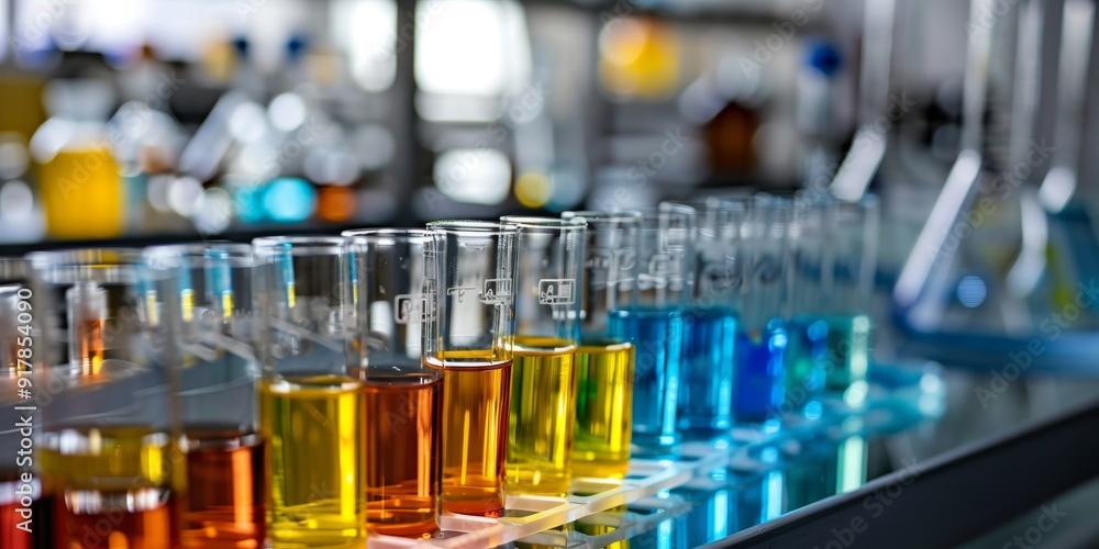 A laboratory setup with multiple test tubes, each containing different chemical solutions, used for comparative scientific experiments and analysis A laboratory setup with multiple test tubes, each containing different chemical solutions, used for comparative scientific experiments and analysis