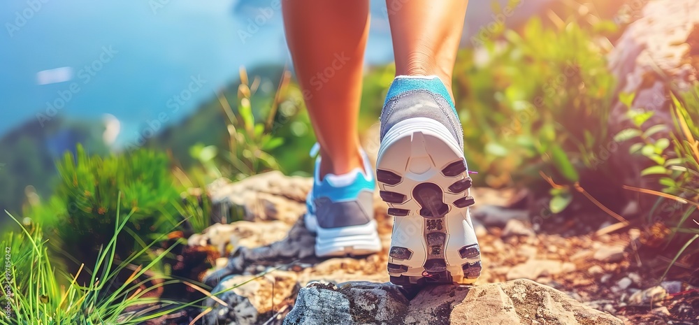 Close up shot of a hiker's feet walking on a rocky trail with a mountain view in the background. The photo captures the feeling of adventure and the beauty of nature. Close up shot of a hiker's feet walking on a rocky trail with a mountain view in the background. The photo captures the feeling of adventure and the beauty of nature.