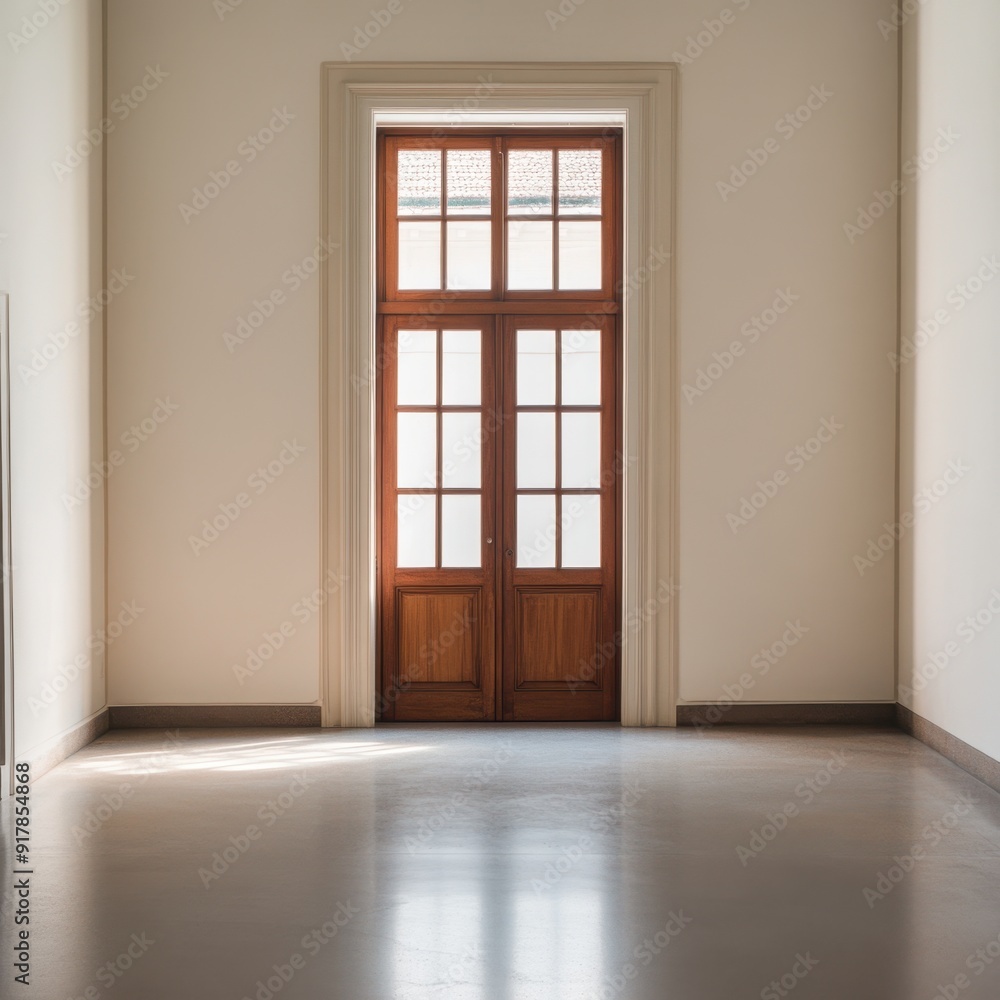 Fototapeta premium A large wooden door with white trim sits in a large, empty room