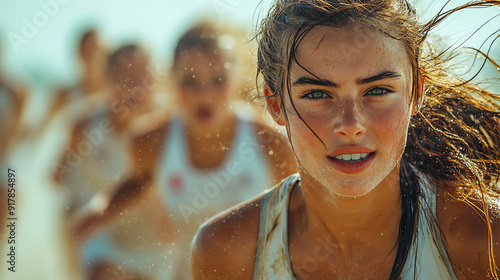 A determined young athlete races towards victory, embodying strength and perseverance in a competitive sports environment. photo