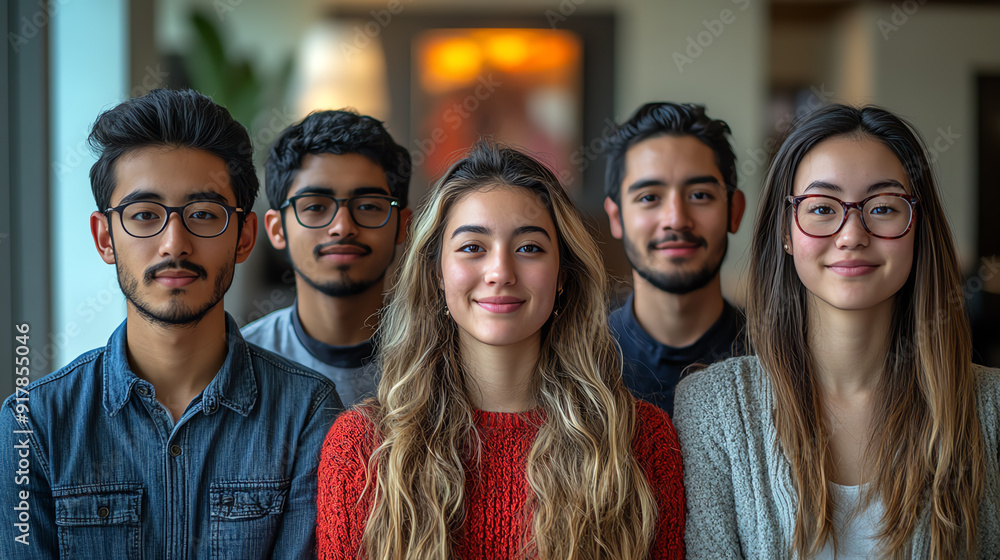 A diverse group of young adults poses together, showcasing friendship and collaboration in a modern setting. A diverse group of young adults poses together, showcasing friendship and collaboration in a modern setting.