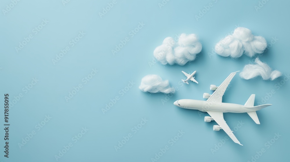 Close up of airplane model with clouds on blue background with copy space Close up of airplane model with clouds on blue background with copy space