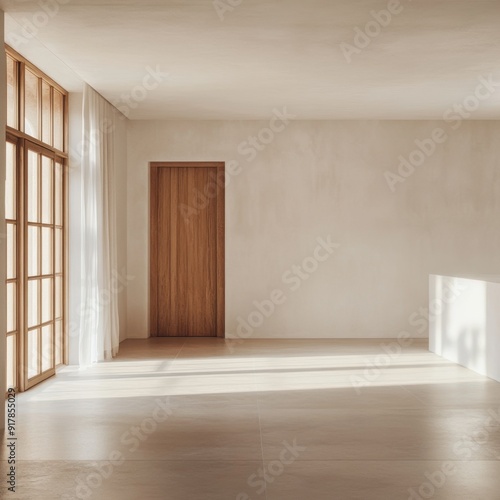 A room with a wooden door and a window