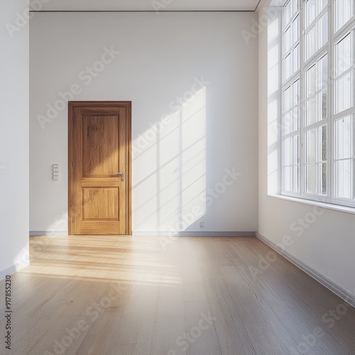 A room with a wooden door and a window