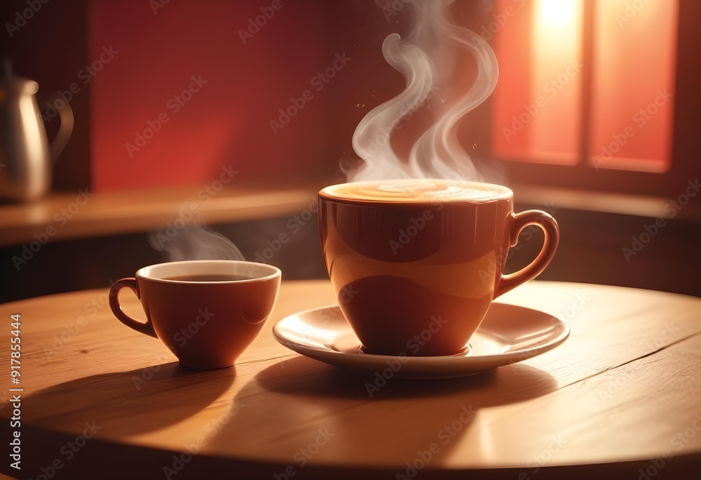 Two cups of coffee sit on a table with a coffee cup in front of them Two cups of coffee sit on a table with a coffee cup in front of them