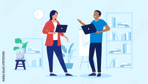 Two happy people talking in office - Employees and colleagues having conversation at work, smiling and having a good time at work. Flat design vector illustration with blue background