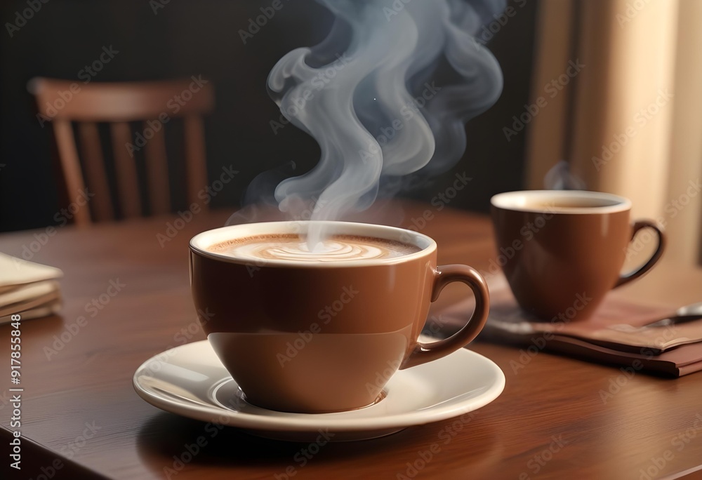 Two cups of coffee sit on a table with a coffee cup in front of them Two cups of coffee sit on a table with a coffee cup in front of them