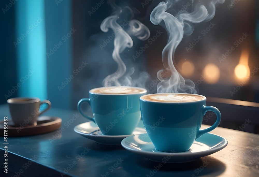 Two cups of coffee sit on a table with a coffee cup in front of them Two cups of coffee sit on a table with a coffee cup in front of them
