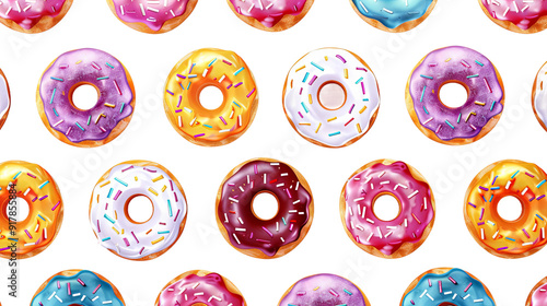 Colorful Glazed Donuts with Sprinkles Pattern , isolated over a transparent background