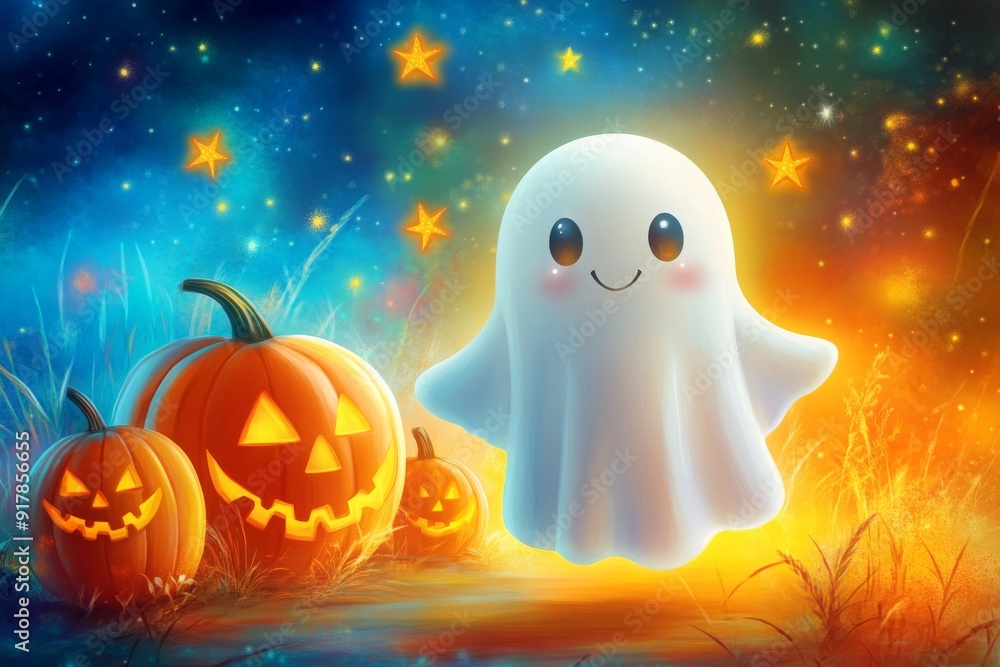 Cute ghost and carved jack-o'-lantern pumpkins in a vibrant Halloween setting Cute ghost and carved jack-o'-lantern pumpkins in a vibrant Halloween setting