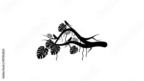 jungle branch with plant and budgie , black isolated silhouette