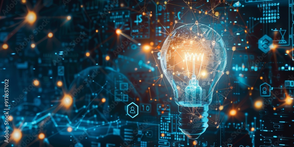 A central light bulb surrounded by a web of AI symbols, such as circuit diagrams and predictive analytics, reflecting the synergy between innovation and technology A central light bulb surrounded by a web of AI symbols, such as circuit diagrams and predictive analytics, reflecting the synergy between innovation and technology