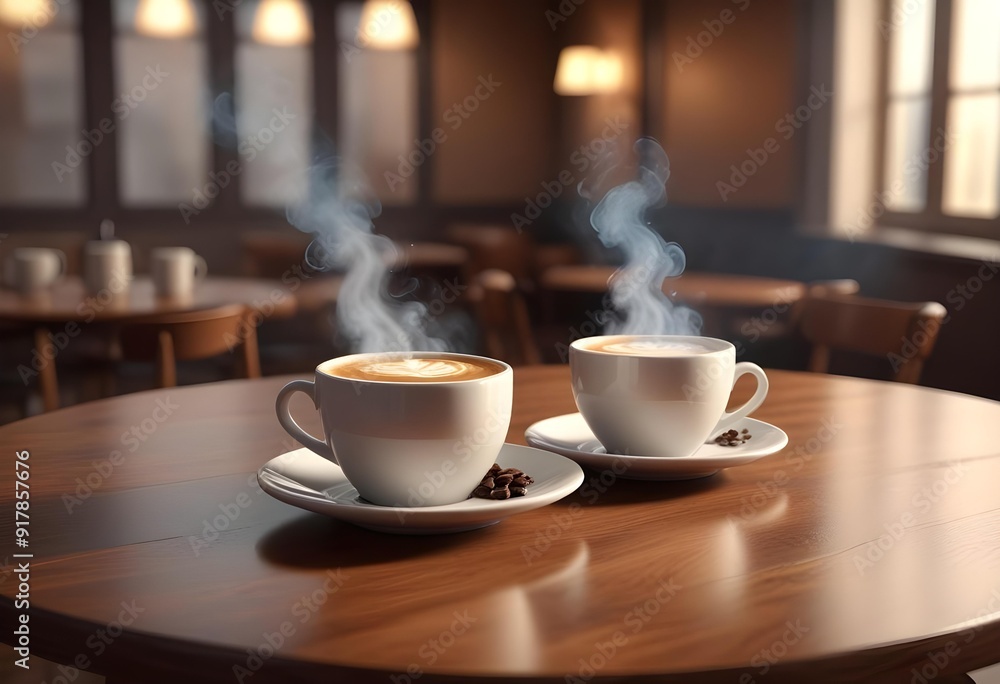 Two cups of coffee sit on a table with a coffee cup in front of them Two cups of coffee sit on a table with a coffee cup in front of them
