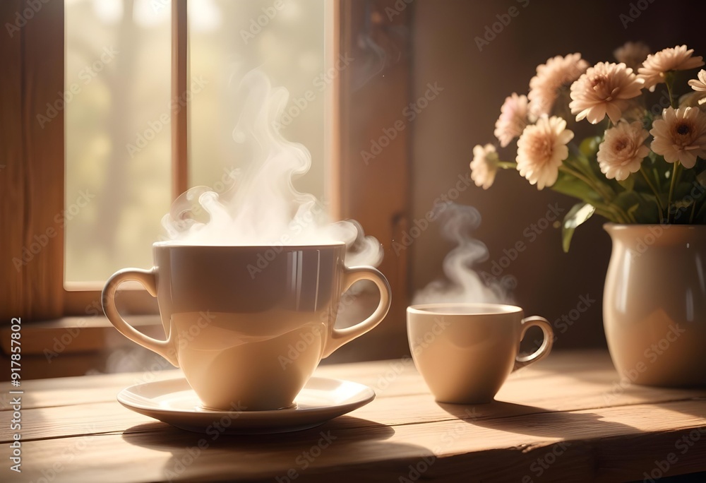 Two cups of coffee sit on a table with a coffee cup in front of them Two cups of coffee sit on a table with a coffee cup in front of them