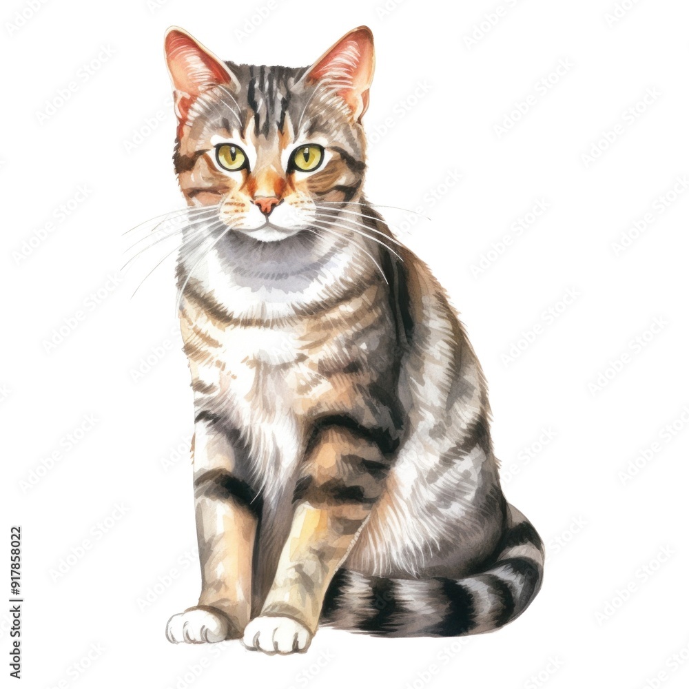 Obraz premium Beautiful Watercolor Illustration of a Tabby Cat with Yellow Eyes â€“ Perfect for Pet-Themed Designs and Artwork