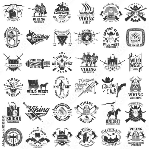 Set of cowboy, viking warrior and knight historical club logos, badges, stickers. Vector. Patch design heraldic shield with a knight, viking in helmet with crossed battle axe, sword and nordic ship