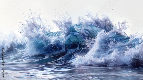 Close up view of an ocean wave breaking, creating a flurry of white foam and blue water.