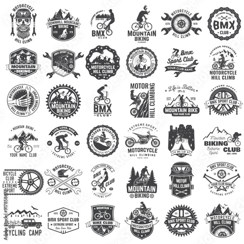 Set of Mountain biking, bmx, and motorcycle hill climb collection. Vector. Concept for head badges, shirt, print, stamp or biking tourism. Design with forest, mountain bike, motorcycle