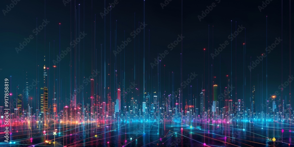 A dark city skyline illuminated by colorful lines connecting buildings, illustrating a high-tech network of data and connectivity across the urban environment A dark city skyline illuminated by colorful lines connecting buildings, illustrating a high-tech network of data and connectivity across the urban environment