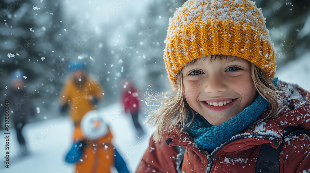 Happy child in a snowy landscape, enjoying winter with friends, wearing a bright yellow hat and smiling at the camera. Happy child in a snowy landscape, enjoying winter with friends, wearing a bright yellow hat and smiling at the camera.