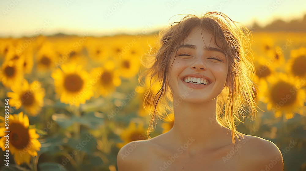 Joyful woman smiling in a vibrant sunflower field during sunset, capturing the essence of happiness and nature's beauty. Joyful woman smiling in a vibrant sunflower field during sunset, capturing the essence of happiness and nature's beauty.