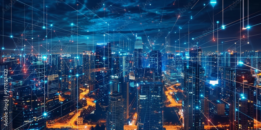 Illuminated skyscrapers at night connected by glowing lines, symbolizing a web of communication and data exchange across a high-tech city landscape Illuminated skyscrapers at night connected by glowing lines, symbolizing a web of communication and data exchange across a high-tech city landscape