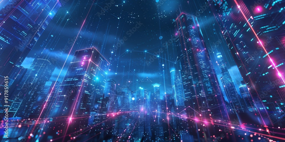 City lights at night with neon lines connecting buildings in a complex network, illustrating the integration of advanced technology and digital connectivity in an urban setting City lights at night with neon lines connecting buildings in a complex network, illustrating the integration of advanced technology and digital connectivity in an urban setting
