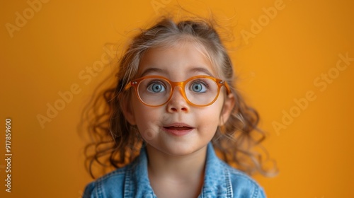 Happy schoolgirl with glasses, wearing a light blue top smiling directly at the camera on a bright yellow backdrop