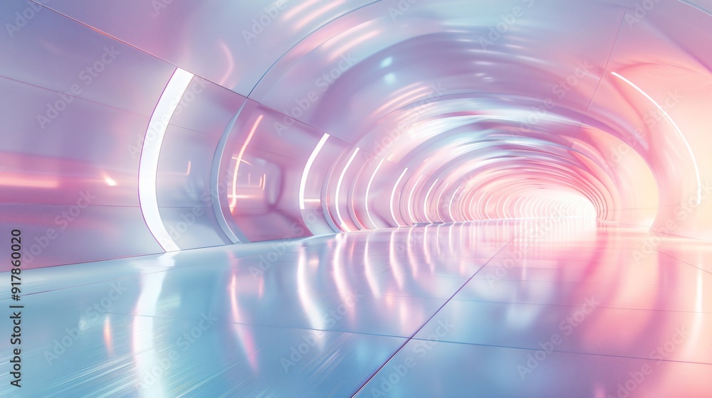 A long tunnel features smooth reflective surfaces and soft pink and blue lighting, creating a vibrant and futuristic atmosphere A long tunnel features smooth reflective surfaces and soft pink and blue lighting, creating a vibrant and futuristic atmosphere